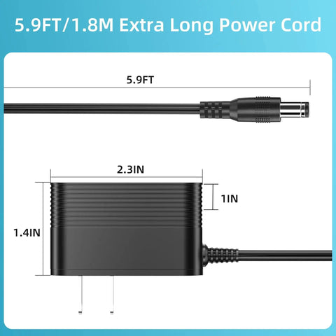 Universal Power Cord For Elliptical And Cardio Machines Replacement Charger Cable with dimensions 5.9FT length and connector view