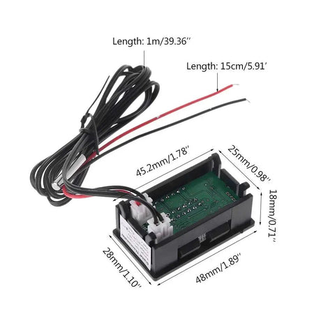 Back view of 2 In 1 Car Thermometer And Voltmeter With LED Display For 12 To 24 Volt Vehicles, showing wiring and dimensions