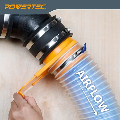 POWERTEC 4-inch x 20-foot dust collection hose with orange adapter connected to a blue accordion hose