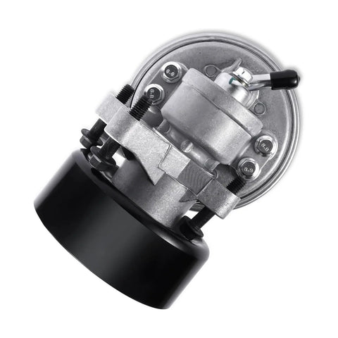 TAUTOY vacuum pump; silver metal body with black mounting housing and bolted round base.