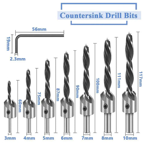 7 Piece HSS Countersink Drill Bit Set For Woodworking And Diy Pros, With 3mm 4mm 5mm 6mm 7mm 8mm 10mm Sizes, High Speed Steel Countersink Bits