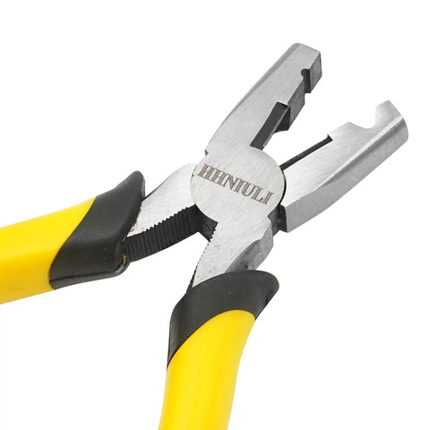 Snap plier from 900 Piece Wire Cage Clips Kit with silver jaws and yellow handles for securing wire in home, barn, or farm use.
