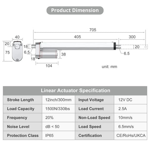 Diagram showing dimensions and specifications of Beefy 12V Heavy Duty Linear Actuator 330 LBS 1500N 12 Inch Stroke Silent IP65 with brackets.