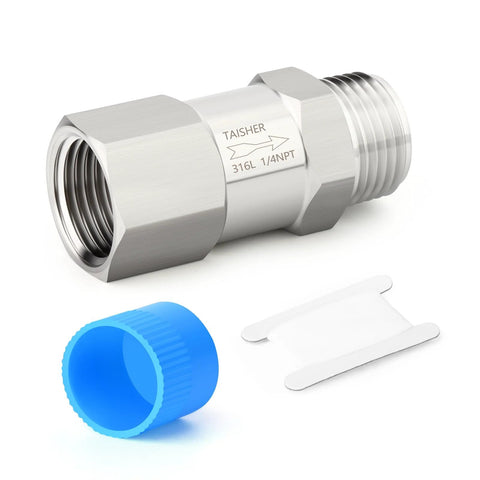 TAISHER 316L stainless steel check valve, 1/4 NPT male to 1/4 NPT female, with blue cap and white mounting clips