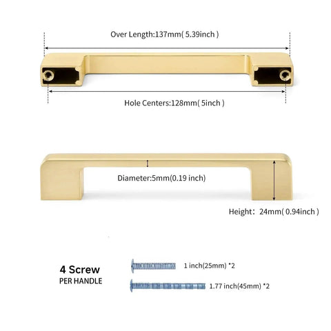 5 Inch Brushed Gold Cabinet Pulls Set Of 10 Zinc Alloy Handles dimensions and screws display