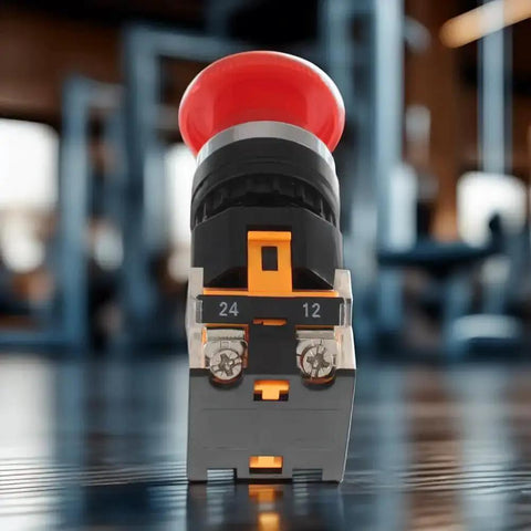 Front view of Emergency Stop Button Switch With Red Mushroom Head 22mm NO NC Spring Return, shown in industrial setting.