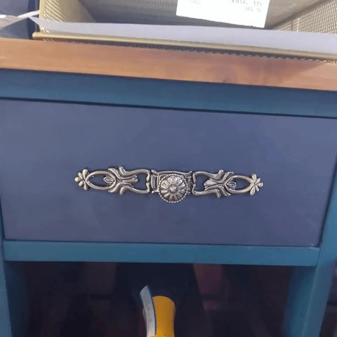 Antique bronze vintage style cabinet knob on a blue drawer, rust resistant durable zinc alloy hardware with screws, 5.98 x 0.94 x 0.87 inches
