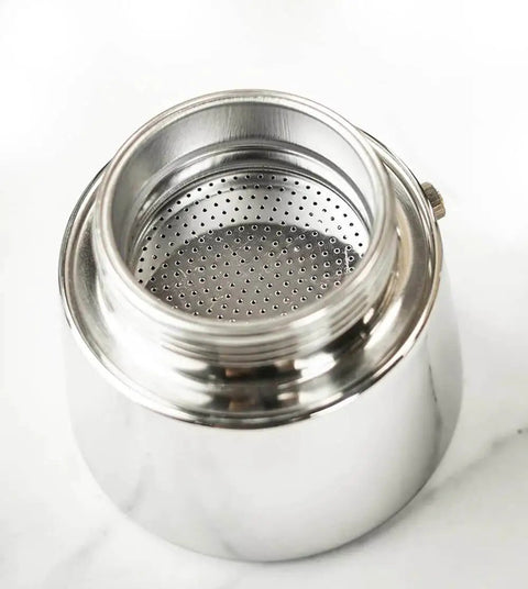 Interior view of stainless steel stovetop espresso maker with metal filter. Stainless Steel Stovetop Espresso Maker For 6 Cups Easy To Clean Moka Pot With Heat Resistant Non Reactive Design Barista Grade Brew Durable Italian Style Coffee Percolator For Rich Bold Brew.