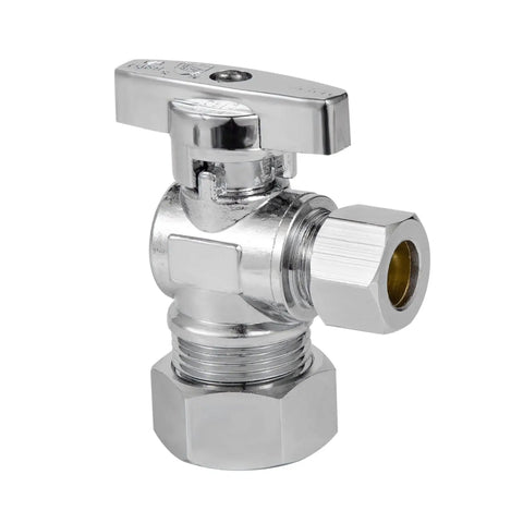 Heavy Duty Angle Stop Valve 1/2 Inch Nominal 5/8 Inch OD Compression X 3/8 Inch OD Compression, 1/4-Turn Shutoff, chrome-plated