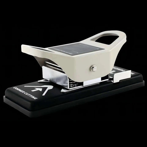 Side view of 2-In-1 Slot Hole Punch For Paper And PVC Cards - Heavy Duty All Metal Corner Rounding And Slot Punch Tool with black base.