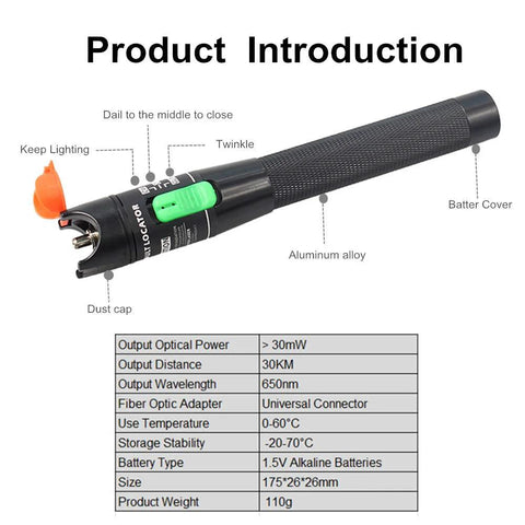 Visual fault locator for fiber optics, black aluminum body with orange dust cap and green switch, emits red light.
