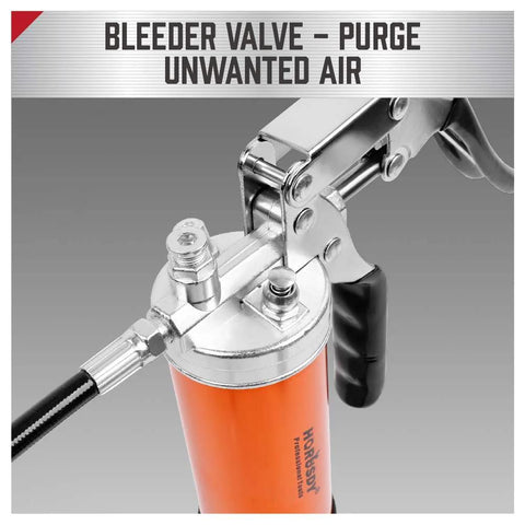 HORUSDY heavy-duty grease gun with orange body, metal head, black handle, and attached flexible hose.
