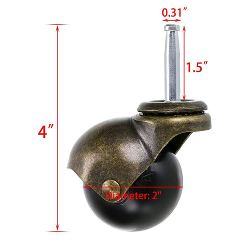 Side view of 2 Inch Ball Caster Wheels With Sockets, Antique Gold Swivel Casters, heavy duty steel construction with dimensions.