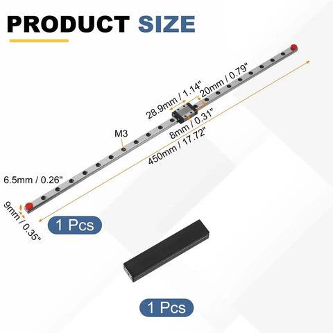 450mm Linear Sliding Rail Guide With MGN9C Carriage Block And Mini Guide For CNC Engraving Machines And 3D Printers Smooth Glide Beefy Rock Solid Heavy Duty Linear Motion System, showing dimensions and components