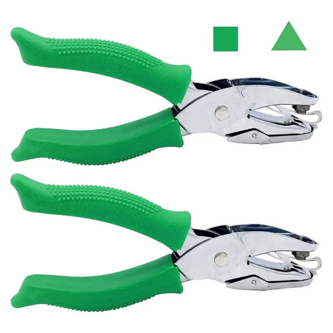 Two Pack Handheld Metal Hole Punches For DIY Crafts And Scrapbooks, Triangle 6mm And Square 4.5mm, shown with green soft grip handles.