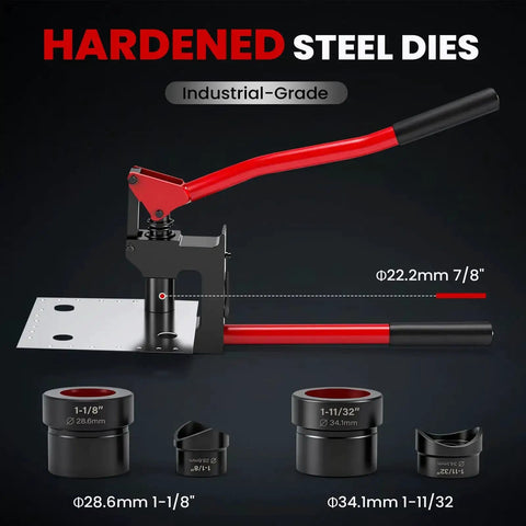 Heavy-Duty Metal Stud Punch Set With Seven Eighths Inch, One And One Eighth Inch, And One And Eleven Thirty-Seconds Inch Dies, 20 Gauge Capacity