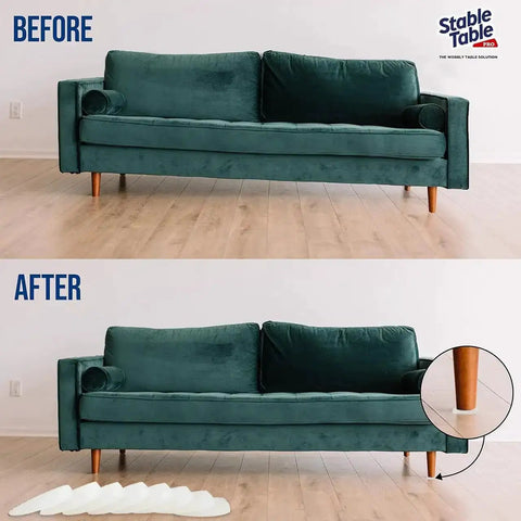 Before and after using Clear Circular Table Leg Wedges for Wobble-Free Furniture under sofa leg