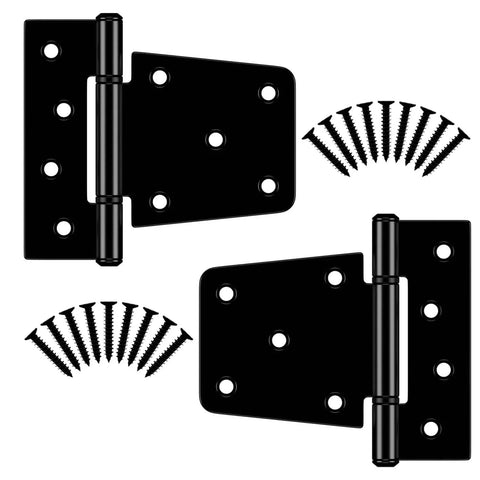 3.5 Inch Heavy Duty Gate Hinges Black Iron With Powder Coating Finish for Shed Fences Vinyl Fence Gates Barn Doors and Garage Indoor Outdoor Use One Eighth Inch Thick Durable Strap Hinges 2 Pack shown with screws