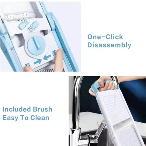 5 In 1 Mandoline Slicer For Safe Precise Slicing And No Fuss Quick Meal Prep With Adjustable Thickness From 0.1 To 8 Millimeters Julienne Dicer Detachable Blades Non Slip Base And Ergonomic Handle, showing one-click disassembly and cleaning under water