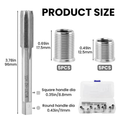 Spark Plug Thread Repair Kit Stainless Steel Rethread Set for M10x1.0 and M12x1.0 Threads Includes 10 Inserts and 1 Tap