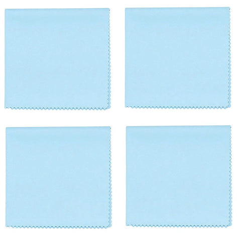 Four large blue microfiber cleaning cloths for glasses and screens, non-scratch and reusable, shown laid out on a white background