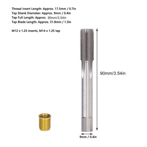 Real Deal Spark Plug Thread Repair Kit With M12 X 1.25 Inserts And M14 X 1.25 Tap showing 10 helicoil style inserts and tap dimensions.