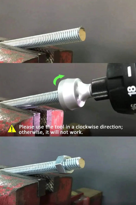 Deburring External Chamfer Tool With Tungsten Blade For Stainless Rods Threads And Pipes Fits One Eighth To Three Quarters Inch 3mm To 19mm in use on threaded rod in vice.