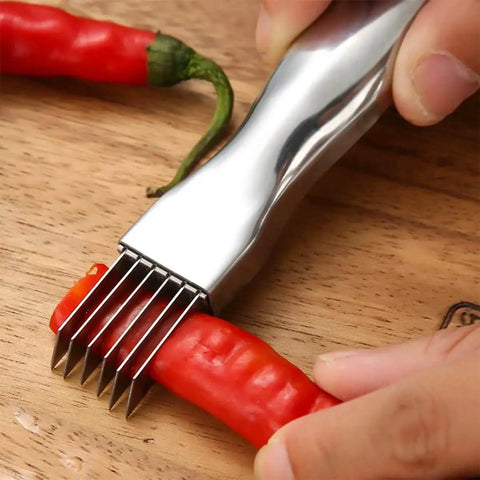 Set Of 2 Scallion Cutters For Kitchen Slicing And Shredding Onions Garlic And Green Onions, Stainless Steel Blades in use chopping