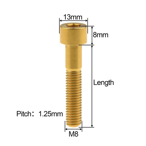 Titanium DIN912 M8x35mm Square Head Hex Socket Bolts Grade 5 6AL4V Gold Finish 1.25mm Pitch with dimensions labeled