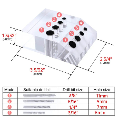 Diagram and dimensions of Dope Cable Railing Drill Guide Jig For Wood Posts 45 And 90 Degree Angles Visible Drilling Template Kit CT10.
