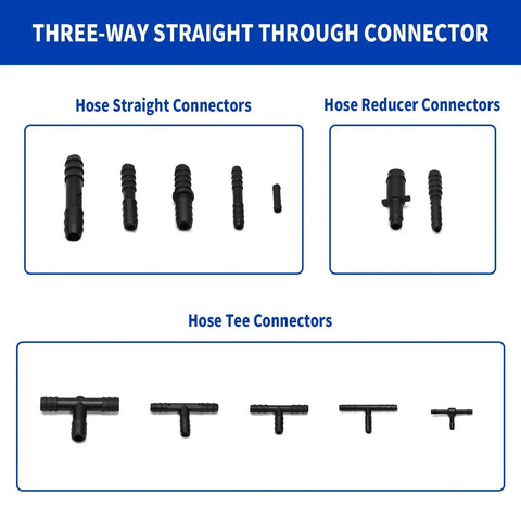 Image showing various connectors from the All In One Vacuum Hose Connector Kit for Automotive Tools, with straight and tee fittings.