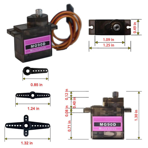 MG90D 4 Pack 9G Digital Micro Servo with Full Metal Gears, dimensions and parts, ideal for Arduino RC projects, 270 degree sweep