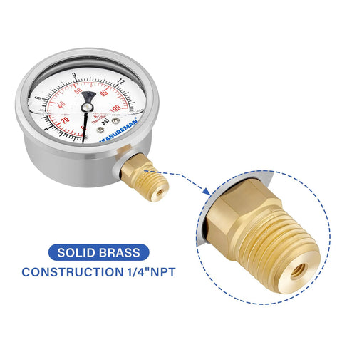 Measuring gauge kit: MEASUREMAN heavy liquid-filled low-pressure air gauge 0-15 psi with solid brass 1/4" NPT fitting