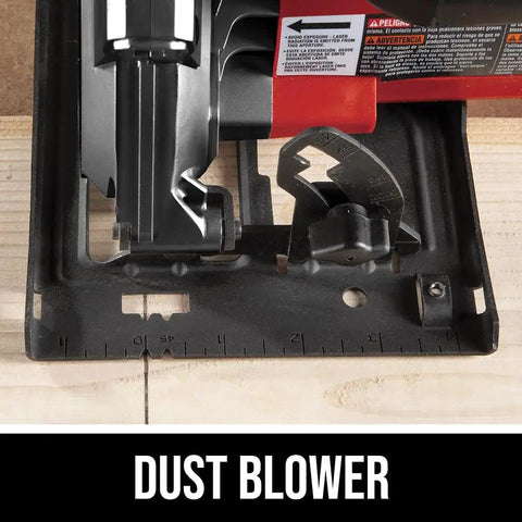 Close-up of the Powerful 15 Amp 7.25 Inch Circular Saw With Single Beam Laser Guide For Fast Precise Cuts, showing dust blower feature.