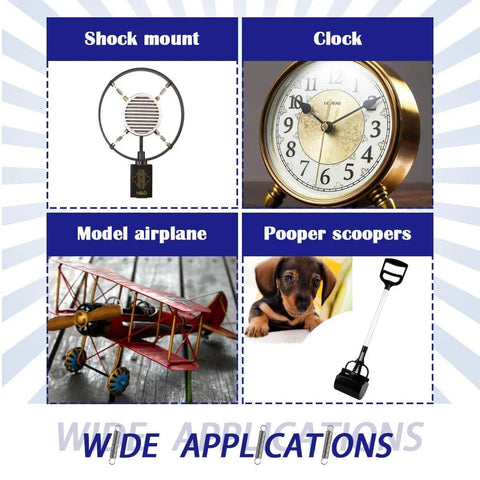 Collage showing shock mount microphone ring, analog clock, model airplane, and a dog with a pooper scooper.