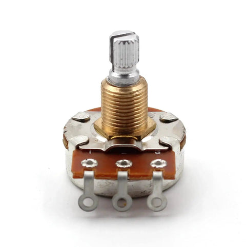Front view of a 500K short split shaft audio taper potentiometer for guitars with low friction rotation and 3/8 inch imperial bushings.