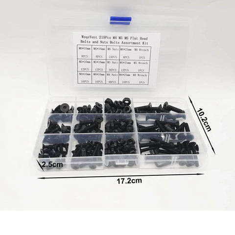 Open case displaying Black 219-Piece Metric M4 M5 M6 Flat Head Socket Cap Screws And Nuts Set In Alloy Steel With Hex Socket Drive.