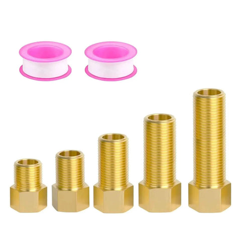 1/2 Inch Brass Pipe Extension Fitting Set Female To Male Connector Hex Bushing Reducer with Teflon Tape, 5 Pieces