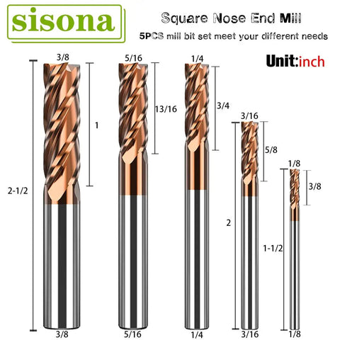 Pro Grade Solid Carbide End Mills Set For Steel Machining, 5Pcs CNC Milling Bits, various sizes, shown with dimensions, TiN coating