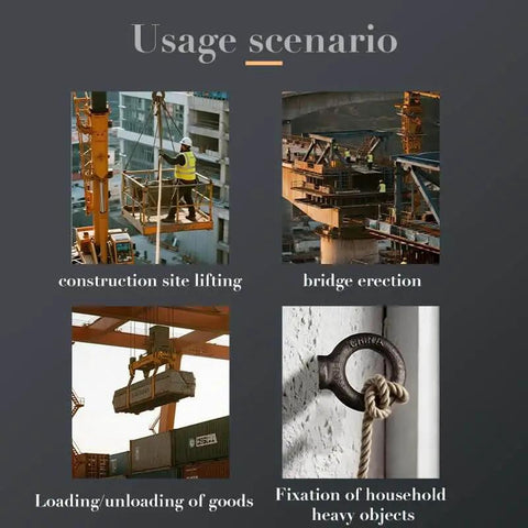 Usage scenarios for Two Pack Eyebolt Set Go-To Heavy Duty Lifting Shoulder Eyebolts 1/2-13 Threads By 1-1/2 Inch Length Forged And Tempered Industrial Grade Working Load Limit 2600 Lbs Built Tough For Rigging And Hoisting Meets ASME B18.15 And B30.26 ISO 9001, showing applications in construction, bridge erection, and load handling.