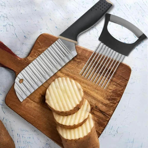 Crinkle Cutter Knife Set YuCool With Onion Holder Slicers Stainless Steel Kitchen Tool for Quick Slicing of Onions Potatoes Cucumbers Carrots and More Includes 1 Crinkle Knife and 2 Onion Holder Slicers, shown with sliced potato on wooden board.
