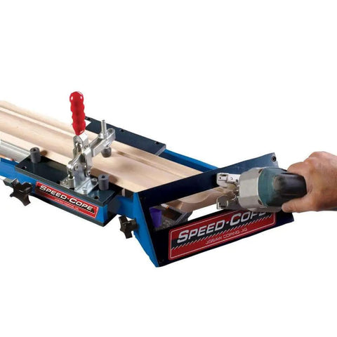 Speed Cope Crown Molding Jig With Adjustable Handle For DIY Woodworking, A Tough Crown Molding Tool in use with a jigsaw