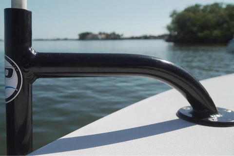 Heavy-Duty Bow Mount Anchor For Shallow Water Deployment, Marine-Grade Aluminum Deck Mount With Black Powder Coat installed