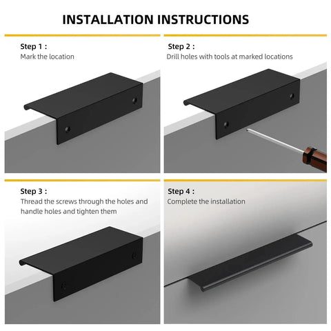 Installation instructions for 10 Pack Black Edge Finger Pull Cabinet Handles 3 Inch Aluminum Alloy Dresser And Drawer Pulls
