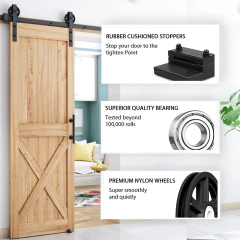 Beefy 8 Foot Sliding Barn Door Hardware Kit Black Track System Ultra Quiet Smooth Sliding Easy Install Fits 42 To 48 Inch Wide Doors Supports Up To 220 Lb Industrial Big Wheel Hangers Solid Steel Construction with wooden door