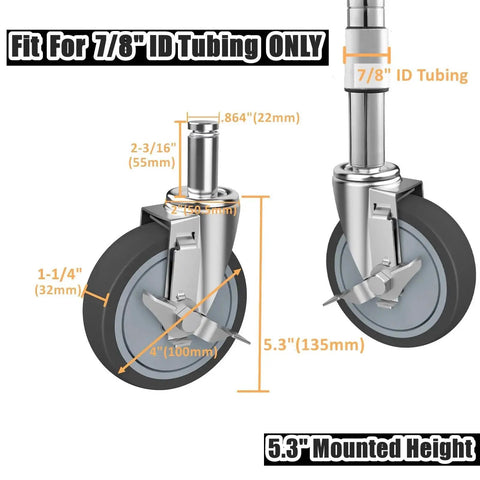 4-Inch Caster Replacement Wheels Set Of 4 For Wire Shelving Racks And Scaffolding With Brake Heavy Duty Compatibility For Metro Quantum And Uline Shelves 0.864 Inch Diameter By 2-3/16 Inch Long And 5.3 Inch Mounted Height diagram