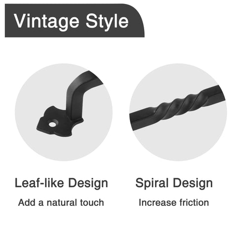 Close-up view of 2 Pack Barn Door Pull Handles For Wood Gates And Cabinets Tough As Nails Steel With Black Powder Coat Built To Last 4 5 Or 6 Inch Sizes Ideal For Garden Gates Sheds And Pantry Cabinets, showing leaf-like design and spiral pattern.