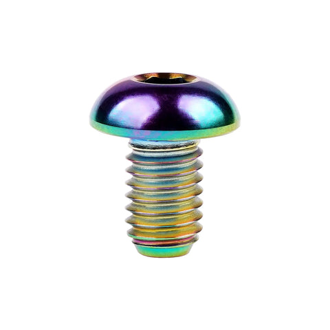 Rainbow Titanium M5x8mm bolt showing rainbow finish, button head, and 3mm Allen socket, part of pack for bike accessories.