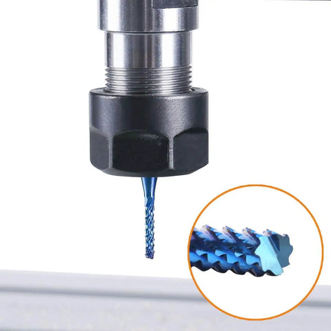Close-up of CNC machine with blue-coated bit from 40 Piece Pro Grade All In One CNC Router Bits Set With 1/8 Inch Shank Ball Nose And Flat Nose End Mills, 2 Flute, Nano Blue Coat And Titanium Coat, Engraving Milling Cutter Kit For Wood Metal Plastic, High Precision Tungsten Carbide.