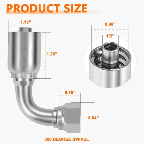 Fourteen Piece Hydraulic Fittings Kit For Half Inch Hose To Half Inch JIC Thirty Seven Degree Female Swivel Elbow size details